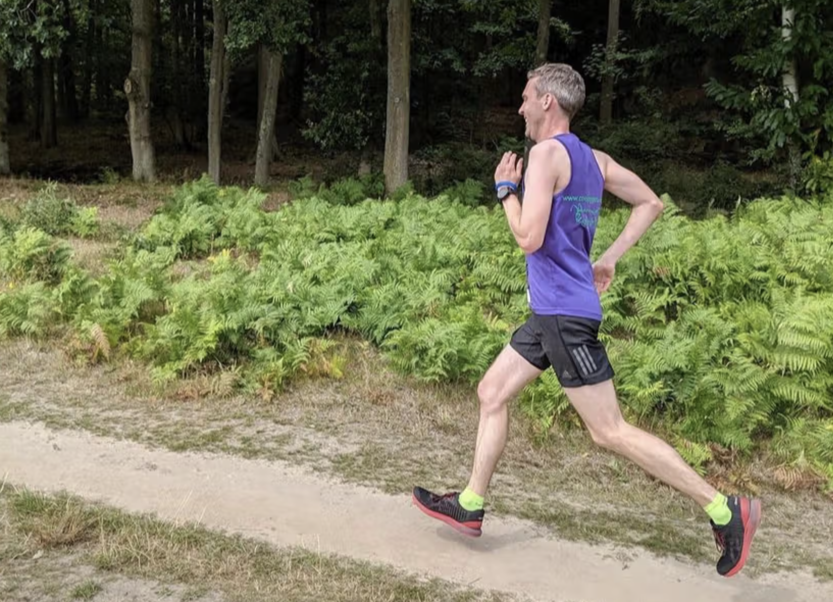 Club runner on a woodland trail in purple vest.